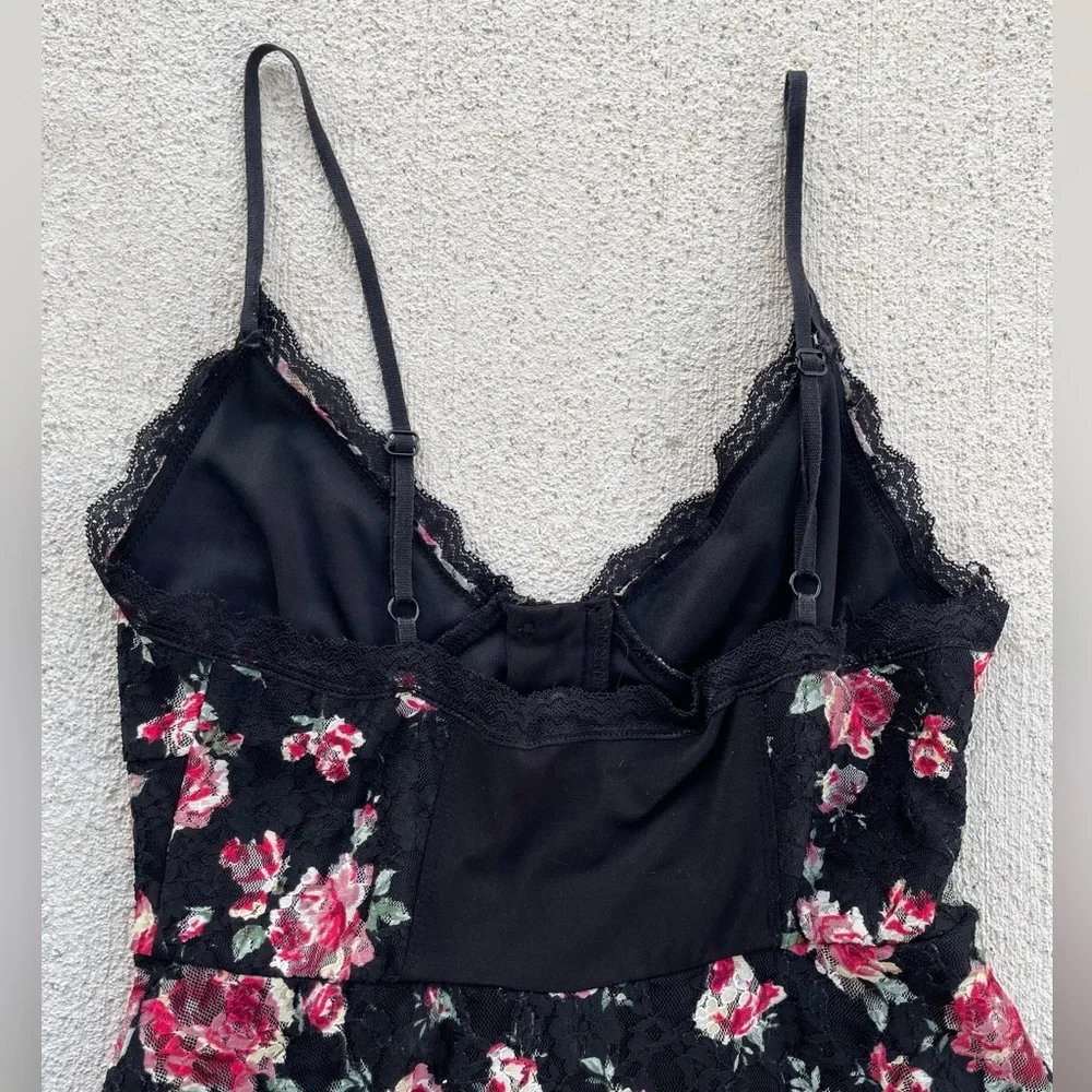 Vintage Y2K Betsey Johnson Floral Lace Slip Dress Black Pink Roses Corset Mini S - Picture 6 of 6